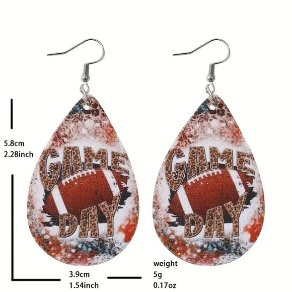 Football Game Day Teardrop Dangling Earrings Red Brown 2.28" Drop - Picture 2 of 7